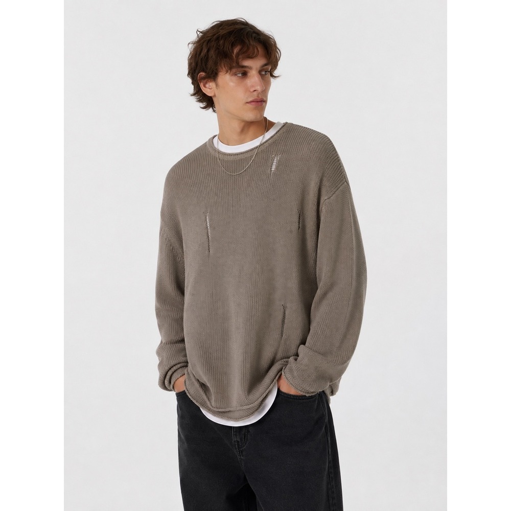 NWT PacSun Distressed Crew Neck Sweater Brown Cotton Knit Oversized Large